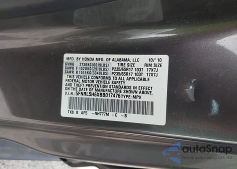 2011 Honda Odyssey Ex-L from USA, damaged, VIN 5FNRL5H6XBB017476